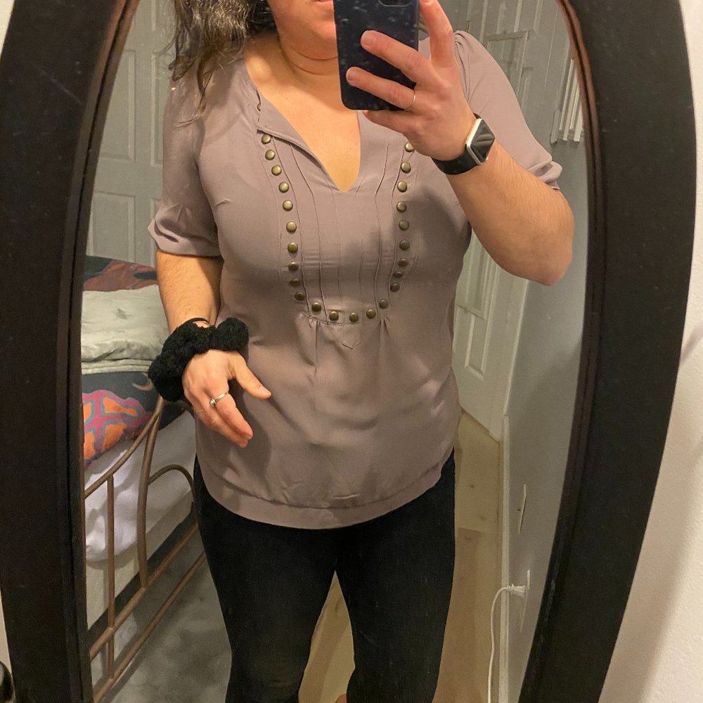 Grayish Brown Blouse with Gold Grommet Decoration